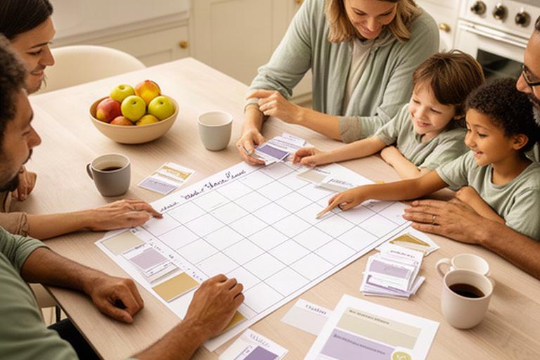 Familie plant einen Wochenkalender an einem grossen Küchentisch