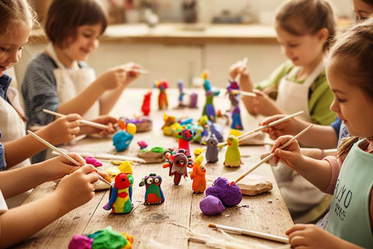 Kinder gestalten in einem Kreativ-Workshop bunte Figuren an einem Holztisch
