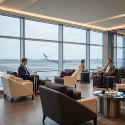 Ruhige Flughafenlounge mit Reisenden und grossen Fenstern