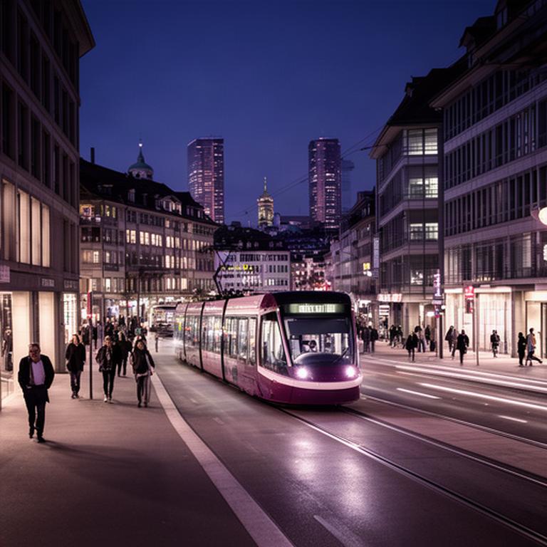 Zürcher Skyline am Abend mit Tram und Geschäftsviertel